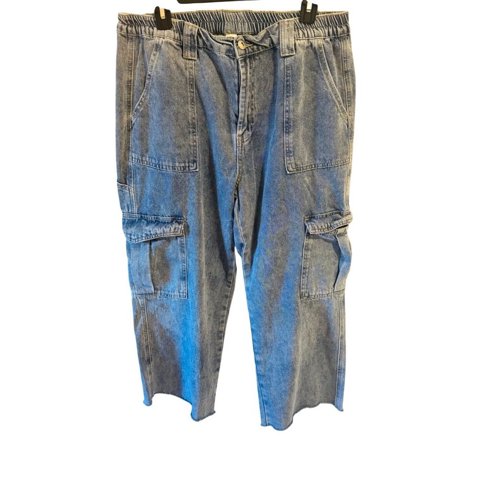 Tapata Wide Leg Blue Denim Cargo Jeans L 34" Inseam Elastic Waist Pockets Casual